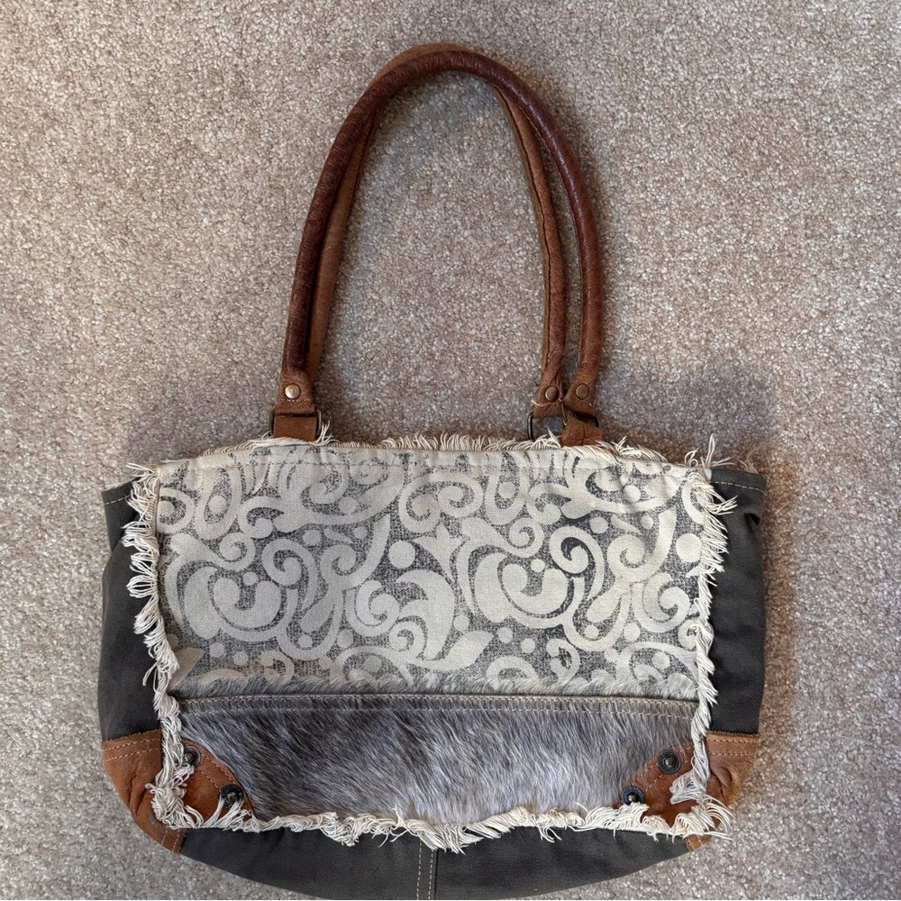 Myra Bag Canvas Leather Cowhide Tote Handbag Purse